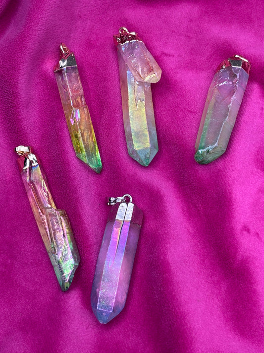 Pastel Electroplate Natural Quartz Crystal Pendants